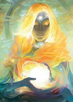 a digital painting of a woman holding a glowing ball