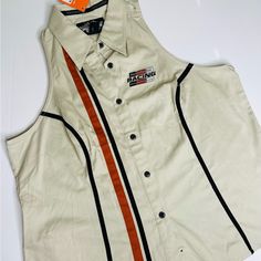 New With Tags - Harley Davidson Embroidered Racing Performance Sleeveless Top - Button Up Front Size 1w Measurements 23.5” Under Arm & 26.5” Long Laying Flat Color - Sand With Black & Orange Stripes Color Sand, Flat Color, Black Orange, Orange Black, Portland, Button Down Shirts, Harley Davidson, Sleeveless Top, Button Down Shirt