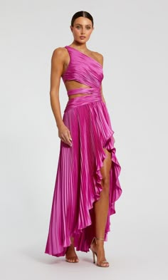 One shoulder pleated formal dress with cut outs. Monochromatic Bridesmaid Dresses, Pink Orange Blue Wedding, Aesthetic Pictures Purple, Background Purple Aesthetic, Aesthetic Background Purple, Red Party Dresses, Charmeuse Gown, Party Dresses Mini, Mac Duggal Prom