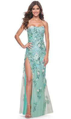 Long Green Dress Formal, Green Designer Dress, Prom Dresses Long Fitted, Printed Prom Dresses, Green Formal Dresses, Prom Dress Stores, Sequin Prom Dresses, Prom Dresses Online, Strapless Gown