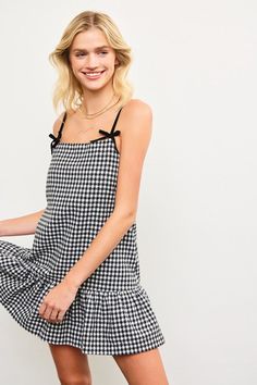 Black & white plaid ribbon strap ruffle hem mini dress! - Model is wearing size S - Measurements taken from size S - 5'9" - 32-24-34-100% Polyester Black And White Checkered Dress, Checkered Dress, Plaid Ribbon, Adore You, Sweater Sale, White Plaid, Ruffle Hem, Denim Pants, Dresses For Sale