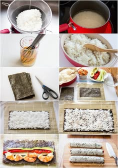 there are many different pictures of sushi and rice