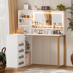 a white desk with drawers and shelves filled with cosmetics