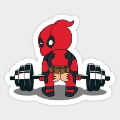 a deadpool character is holding a barbell