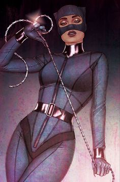 a drawing of a woman with chains around her neck and hands on her hips, wearing a silver bodysuit