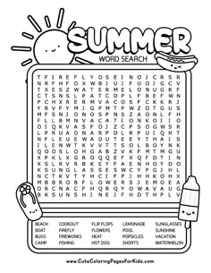 the summer word search is shown in black and white