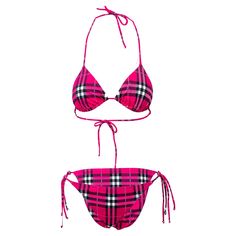 Upgrade your swimwear game with the Burberry Check Swimwear. This halterneck bikini set is made from a stretchy polyamide and elastane blend, featuring the iconic Burberry Check in a vibrant pink color. Remarks: Unused and in pristine condition. The measurements are an indication from brand's own size guide. The size is adjustable to fit. Bust:45.5;Waist:34.5;Hip:48 Material: 80% Polyamide 20% Elastane Missoni Mare, Triangl Swimwear, Halter Neck Top, Latest Outfits, One Piece Swimwear, Check In, British Style, Chic Design, London Fashion Week