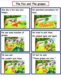 the fox and the grapes worksheet with four different pictures on it, including an animal