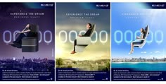 three different images of people sitting in chairs with the city skyline in the background and an advertisement for experience the dream