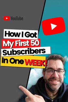 a man with glasses pointing at the camera and texting how i got my first 50 subs in one week