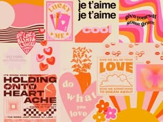 a collage of pink, orange and red images with words on them that say love