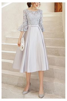 10% off now! Shop elegant grey tea length party dress with lace sleeves online. Sheprom offers formal, party, casual & more style dresses to fit your special occasions. Midi Homecoming Dresses, Dress With Lace Sleeves, Evening Gowns Elegant, Long Evening Gowns, فستان سهرة, Midi Cocktail Dress, Prom Dresses With Sleeves, Prom Dresses Lace, Evening Gowns Formal