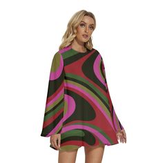 Step into the enchanting world of 70s Dress Style with our Bell Sleeve Dress, a captivating piece that encapsulates the spirit of the groovy era. This 60s 70s mini dress is a Boho Dress with a distinctive Bohemian touch, perfect for those seeking a Pink brown Hippie Dress that exudes both charm and style. The Multicolor Tent Dress features a groovy pattern print inspired by the psychedelic aesthetics of the 70s, creating a visually striking and unique look. This slip-on dress is designed for ease and comfort, complemented by bell sleeves that add a touch of vintage flair. The single button enclosure behind the neckline enhances the Bohemian feel of the dress. Crafted from chiffon and fully lined material, this Groovy 70s Style Dress ensures a luxurious feel and graceful movement. The 100% Bohemian A-line Mini Dress For Party, Retro Multicolor A-line Dress, Bohemian Multicolor A-line Mini Dress, Multicolor Mod A-line Dress, Multicolor A-line Mod Dress, Hippie Long Sleeve Multicolor Dresses, Multicolor Long Sleeve Hippie Dress, Vintage Green Long Sleeve Mini Dress, Vintage Flowy Long Sleeve Mini Dress