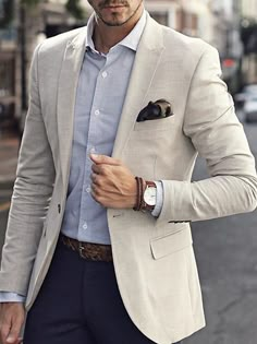 Summer Business Blazer With Buttons, Summer Formal Blazer With Buttons, Summer Formal Blazer, Beige Blazer For Semi-formal Summer Events, Beige Summer Blazer For Semi-formal Occasions, Summer Formal Blazer With Button Closure, Spring Wedding Slim Fit Blazer, Classic Slim Fit Summer Blazer, Classic Summer Slim Fit Blazer