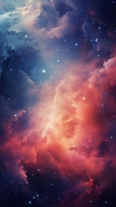 the sky is filled with stars and clouds in red, blue, and purple colors