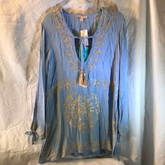 New With Tags. Gold Embroidery Denim Tunic, Women Rising, Faded Denim, Gold Embroidery, Tie Top, Blue Gold, Tunics, Tunic Tops, Free People