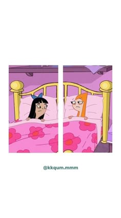 two pictures of cartoon characters in bed with pink bedspread and yellow headboards