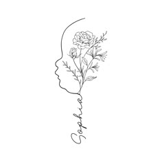 a black and white drawing of a woman's face with flowers in her hair