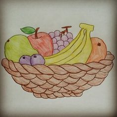 a drawing of fruit in a basket with grapes, apples, bananas and plums