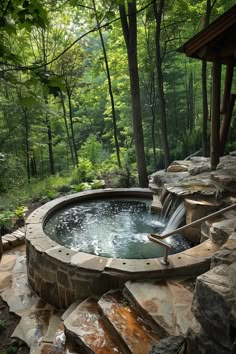 Serene outdoor hot tub surrounded by lush green forest, featuring natural stone deck and built-in waterfall, perfect for a backyard spa retreat. Hidden Hot Tub Ideas, Outdoor In Ground Hot Tub, Outdoor Hot Tub Landscaping, Diy Hot Tub Ideas Backyard, Hot Tub In The Woods, Landscaping Around A Hot Tub, Platform For Hot Tub, Home Made Hot Tub, Outdoor Hot Tub Patio