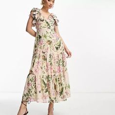 New With Tags Floral Maxi Dress Tie Detail In The Back Zip On The Side Fits Like An 8 Frill Sleeves, Floral Print Maxi, Top Secret, Necklines For Dresses, Maxi Wrap Dress, White Maxi Dresses, Dress Floral, Floral Dress Black, Floral Maxi