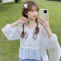 LOVEMI Blazers Purple / One size French V-neck Loose Long-sleeved Shirt Top True Spring, Stylish Blouse, Online Fashion Stores, Casual Blouse, Cute Crochet, Neck Shirt, Shirt Top, Shoulder Sleeve, Floral Embroidery