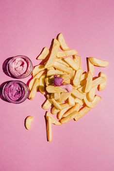 French fries with pink and violet dressings on sunny, pastel pink background. Pink French Fries, French Fries Sauce, Pink Diner, Fries Sauce, French Fry Sauce, Bday Balloons, Peach Milk, Pink Sauce