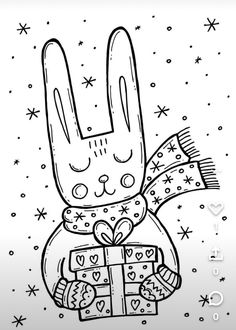 a black and white drawing of a rabbit holding a gift box with stars in the background