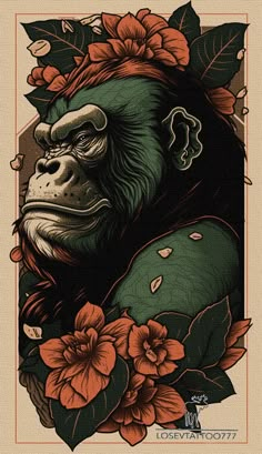 an illustration of a gorilla with flowers on it's head