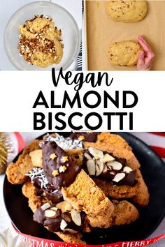 vegan almond biscotti cookies on a black plate with white and red decorations