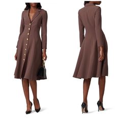 Gently Used Condition Has Small Faint Marks/Dirty Spots And Small Light Pilling In The Fabric Just Need Cleaning See Photos Size L But Fits M Based On Measurements Brown Crepe (Polyester). Hourglass. Long Sleeves. V-Neckline. Exposed Front Button Closure. The Luxe Tailoring Of A Blazer Meets The Feminine Swing Of A Midi Dress. Two Times The Perfection By Amanda Uprichard. Measurements Laying Flat Approx Pit To Pit 18.5” Full Length 44.5” Waist 16” Designer Dresses With Button Closure For Work, Designer Fall Workwear Dresses, Luxury Fall Dress With Button Closure, Designer Workwear Dresses For Fall, Tailored Office Dress With Buttons, Designer Knee-length Midi Dress For Formal Occasions, Designer Formal Midi Dress, Luxury Fitted Midi Dress For Semi-formal Occasions, Luxury Fitted Dresses With Buttons