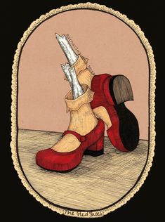 a drawing of a pair of red shoes with two knives sticking out of the boot