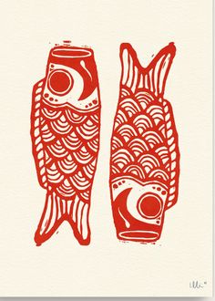 two red fish are sitting next to each other on a white paper with orange ink