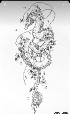 a drawing of a dragon with flowers on it