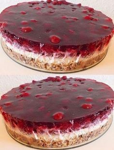 two pictures of a cheesecake with cherries on top