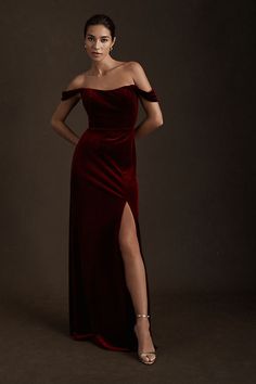 A romantic off-the-shoulder neckline is the finishing flourish for the plush Issa Velvet Column Gown by Jenny Yoo. Wine Color Bridesmaid Dress, Sunflowers And Lavender, Christmas Bridesmaids, Blue And Magenta, Velvet Bridesmaid, Pleated Gown, Velvet Bridesmaid Dresses, Magic Castle, Red Bridesmaids