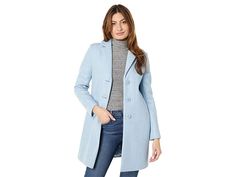 Calvin Klein Single Breasted Peacoat - Women's Clothing : Pastel Blue Melange : Elegant versatile, the Calvin Klein Single Breasted Peacoat is a perfect pick for a formal or casual occasion. Classic notch lapel collar and long sleeves. Center-front button closure. Signature brand name logo patch on the left sleeve. Two hand pockets for added convenience. Straight hemline. Main: 52% polyester, 21% acrylic, 18% nylon, 9% wool; Lining: 100% polyester. Dry-clean. Imported. Measurements: Length: 34 i Spring Tailored Single Breasted Pea Coat, Tailored Single Breasted Pea Coat For Spring, Tailored Single-breasted Pea Coat For Spring, Spring Tailored Single-breasted Pea Coat, Spring Pea Coat With Notch Lapel And Hidden Buttons, Casual Tailored Pea Coat With Long Sleeves, Tailored Spring Pea Coat With Hidden Button Closure, Tailored Pea Coat With Hidden Button Closure For Spring, Spring Single-breasted Pea Coat With Notch Lapel