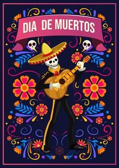 a mexican skeleton playing the guitar in front of a banner with flowers and skulls on it