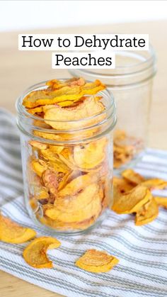 there is a glass jar filled with dried peaches