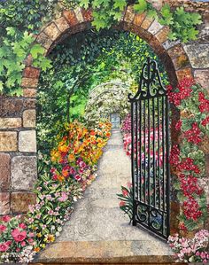 a painting of an iron gate leading into a garden with flowers and plants around it