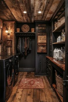 an old - fashioned laundry room with wood floors and wooden walls, is well lit by the lights