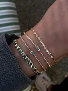 14kt gold emerald cut emerald bezel tennis bracelet | Luna Skye Everyday Bracelet Stack, Tennis Bracelet Aesthetic, Jóias Body Chains, Diamond Bezel Bracelet, خواتم خطوبة, Healing The Heart, Baguette Bracelet, Luna Skye, Gold Tennis Bracelet