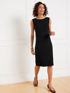 The perfect mix of work and play. Our flattering sheath dress is detailed with an elegant boatneck. A polished essential in easy-to-pack and easy-care, wrinkle-resistant fabric. Features Sheath Dress Sleeveless Hits At Knee Imported Fit: Misses: 40 1/2"; Petite: 38"; Plus: 41"; Plus Petite: 40 1/2" Material: Shell : 69% Triacetate, 31% Polyester; Lining : 100% Polyester Care: Machine Wash Cold, Gentle Cycle; Only Non-Chlorine Bleach When Needed; Tumble Dry Low; Cool Iron If Needed | Easy Travel Boatneck Dress Talbots Black Sheath Dress Outfit, Sheath Dress Outfit, Little Black Dress Outfit, Boatneck Dress, Sheath Dresses, Boat Neck Dress, Black Dress Outfits, Sleeveless Dresses, Classic Style Women