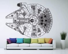 a star wars wall decal is shown in the living room