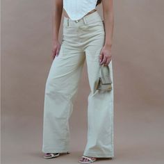 Sonia Contrast Wideleg Cargo Pants - Sand Chic Cotton Wide Leg Work Pants, Cream Wide Leg Cotton Pants With Pockets, Beige Cotton Wide-leg Pants, Spring Wide Leg Work Pants, Cream Cotton Wide Leg Pants For Spring, Chic High Rise Cotton Cargo Pants, White Wide-leg Cargo Pants For Work, Chic Beige Cotton Bottoms, Cream Straight Pants For Spring