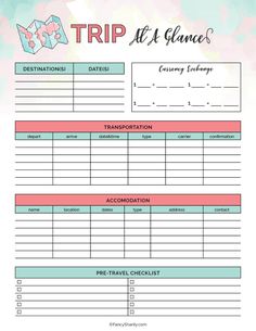 a travel checklist with the words trip at a glance written in pink and blue