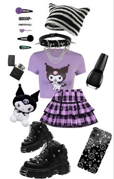 Kuromi In A Dress, Hello Kitty Goth Outfit, Kuromi Outfit Ideas, Kuromi Inspired Outfit, Kuromi Style, Kuromi Things