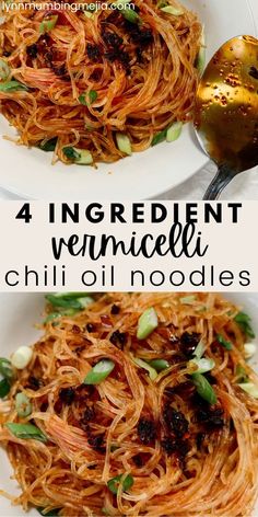 4 Ingredient Easy Vermicelli Chili Oil Noodles | Lynn Mumbing Mejia Gluten Free Vermicelli Recipes, Spicy Glass Noodle Recipes, Rice Noodles Recipe Vegetarian, Spicy Rice Noodle Recipes, Virmachelli Noodles, Vermicelli Bowl Sauce, Flat Rice Noodle Recipes