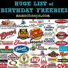 a bunch of logos that are on top of each other with the words, huge list of birthday freebies