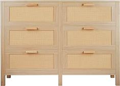 a white dresser with drawers and wooden handles